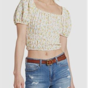 Elodie White and Yellow Floral Smocked Blouse